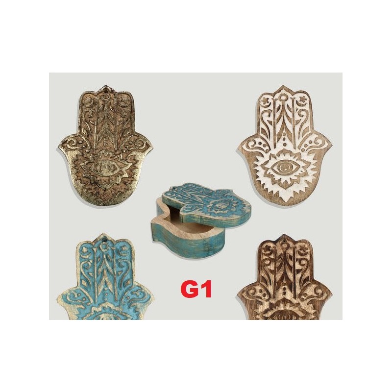 Caixa madeira tampa giratória Mão Fátima 20x15x6cm